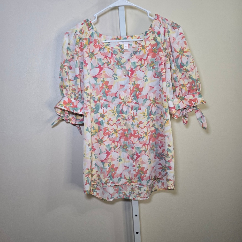 Lauren Conrad Floral Print Square Neck Tie Sleeve Blouse Women M